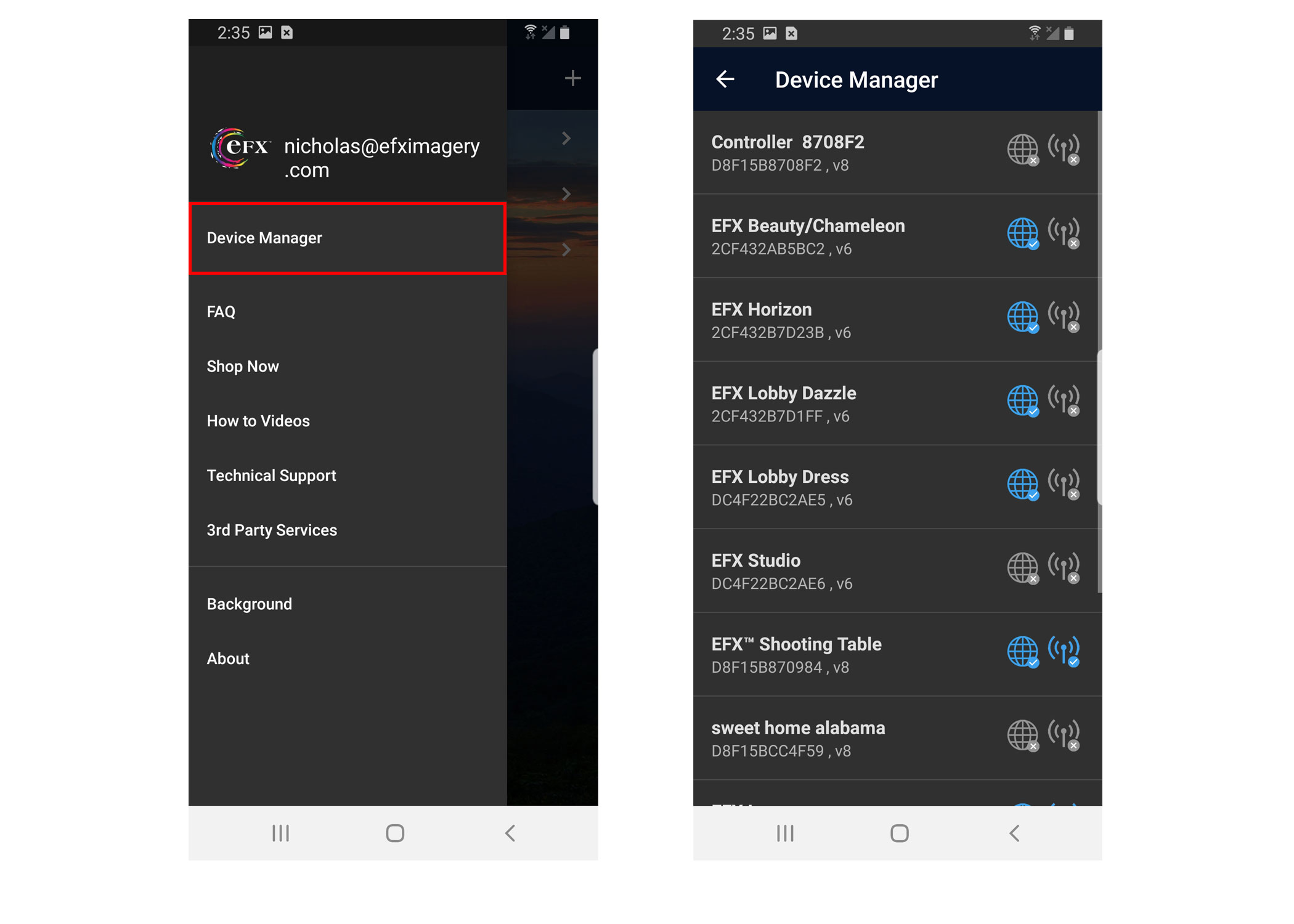 EFX Device Manager menu